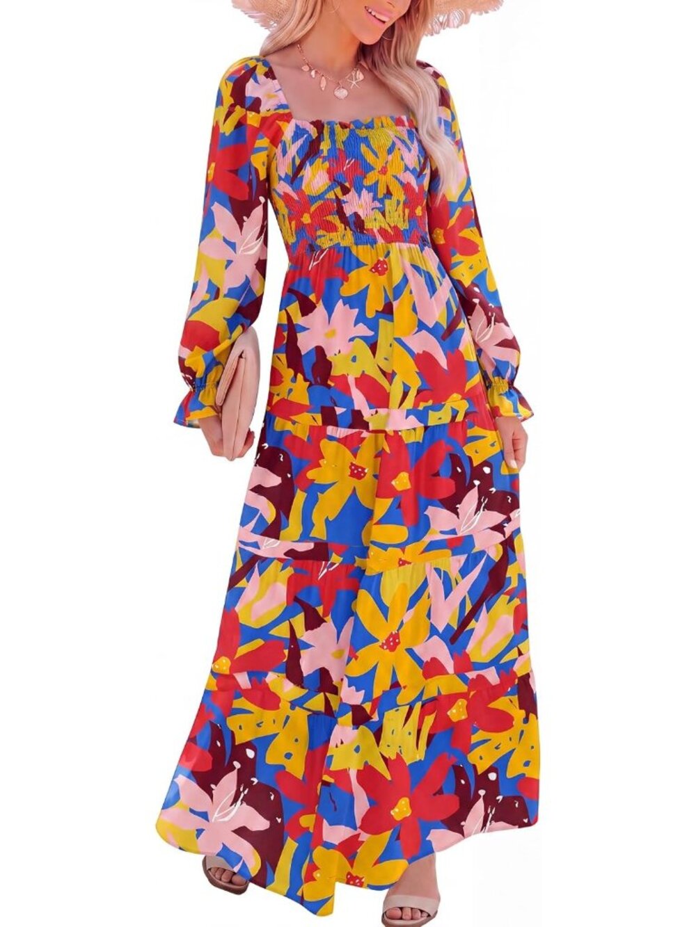 Women's Multicolored Long Sleeve Square Neck Floral Fall Maxi Dress with Pocket